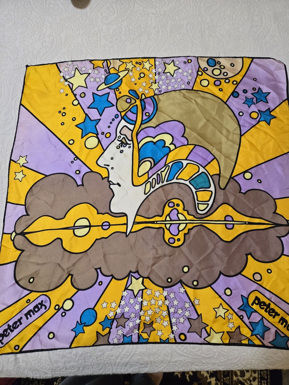 Vintage Peter Max Lavender & Yellow Psychedelic Scarf 100% Silk